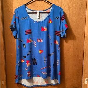 LuLaRoe Bright Blue Short Sleeve Tee with Red & Yellow Accents